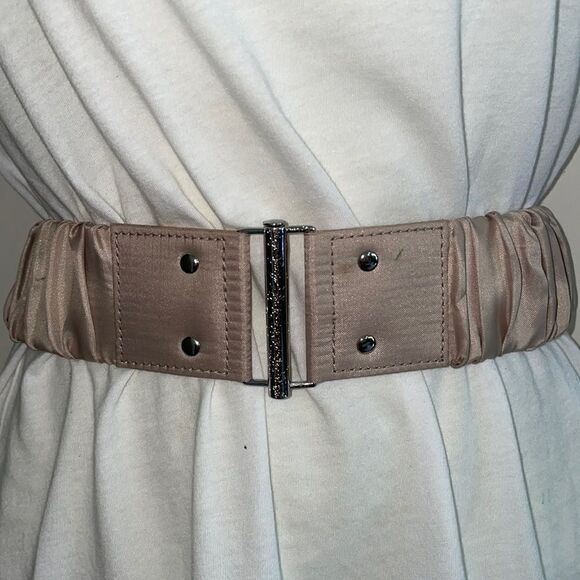 Tan satin wrapped ruched elastic belt - Picture 1 of 5